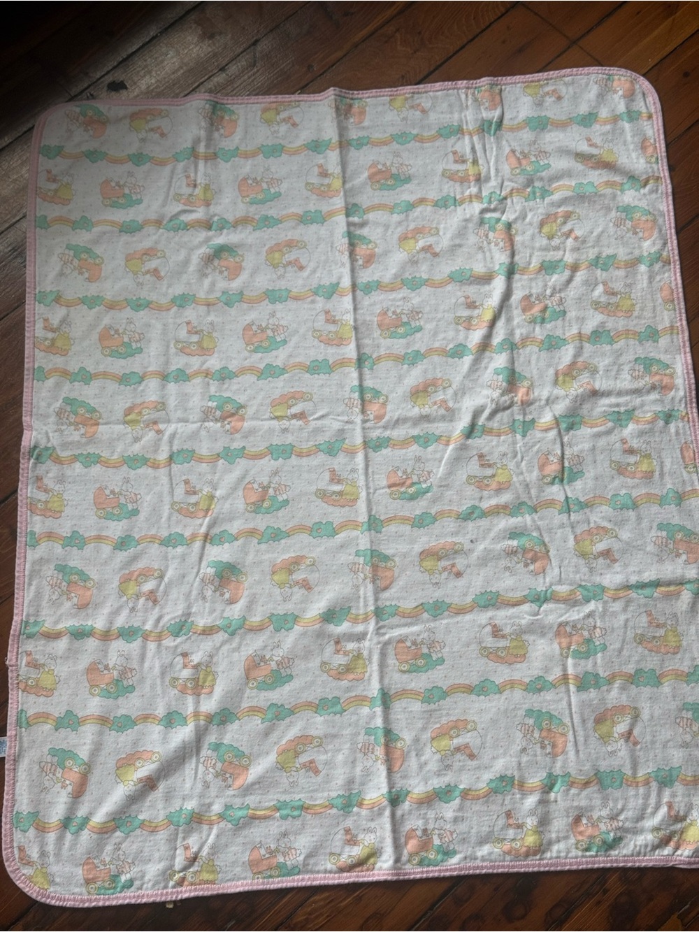 VTG Carters Baby Blanket Cotton Bunny Stroller Cloud Rainbow Pink Trim Polka Dot